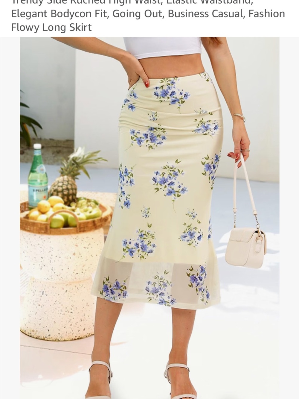 Amazon Cream Midi Skirt with Blue Floral Print